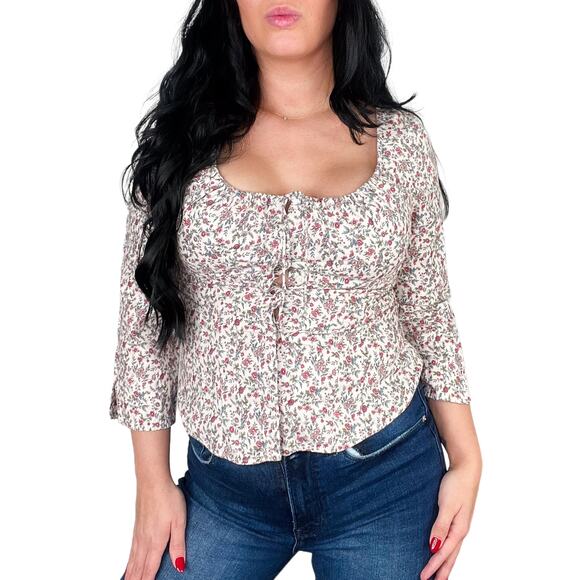 Y2k American Eagle Retro Floral Lace Up Sweetheart Top Long Sleeve Medium - Picture 1 of 7